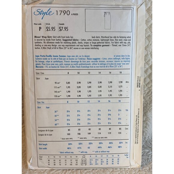 Style Misses Wrap Skirt Sewing Pattern sz 8-18 1790 - uncut - Picture 4 of 10